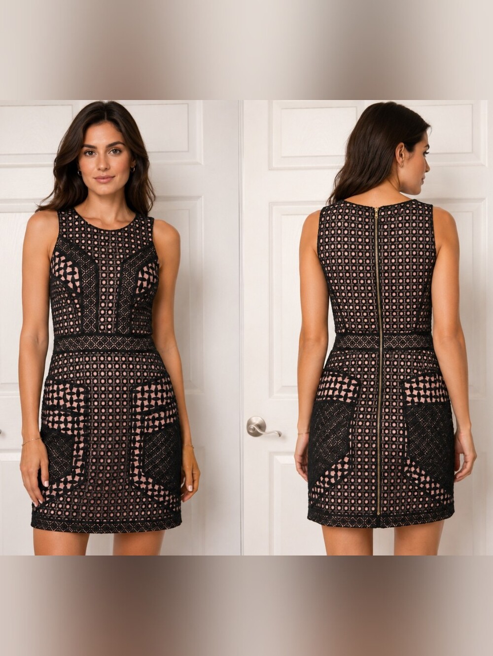 Gianni Bini M Black Nude Lace Crochet Bodycon Mini Cocktail Party Dress Zip Back